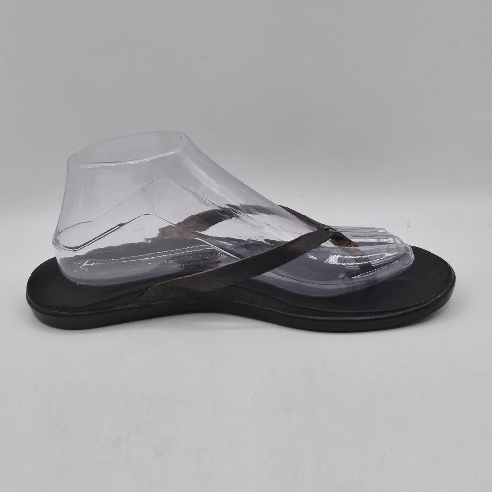 OluKai Sandals Womens Size 10 Brown Leather Thong Flip Flops Black‎ Sole Comfort